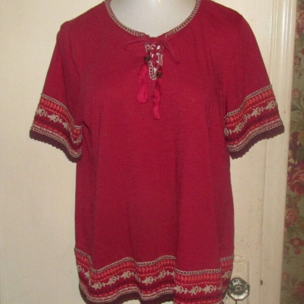 Romans Women's Red Embroidery & Tassel Pull Over Blouse size M 14-16